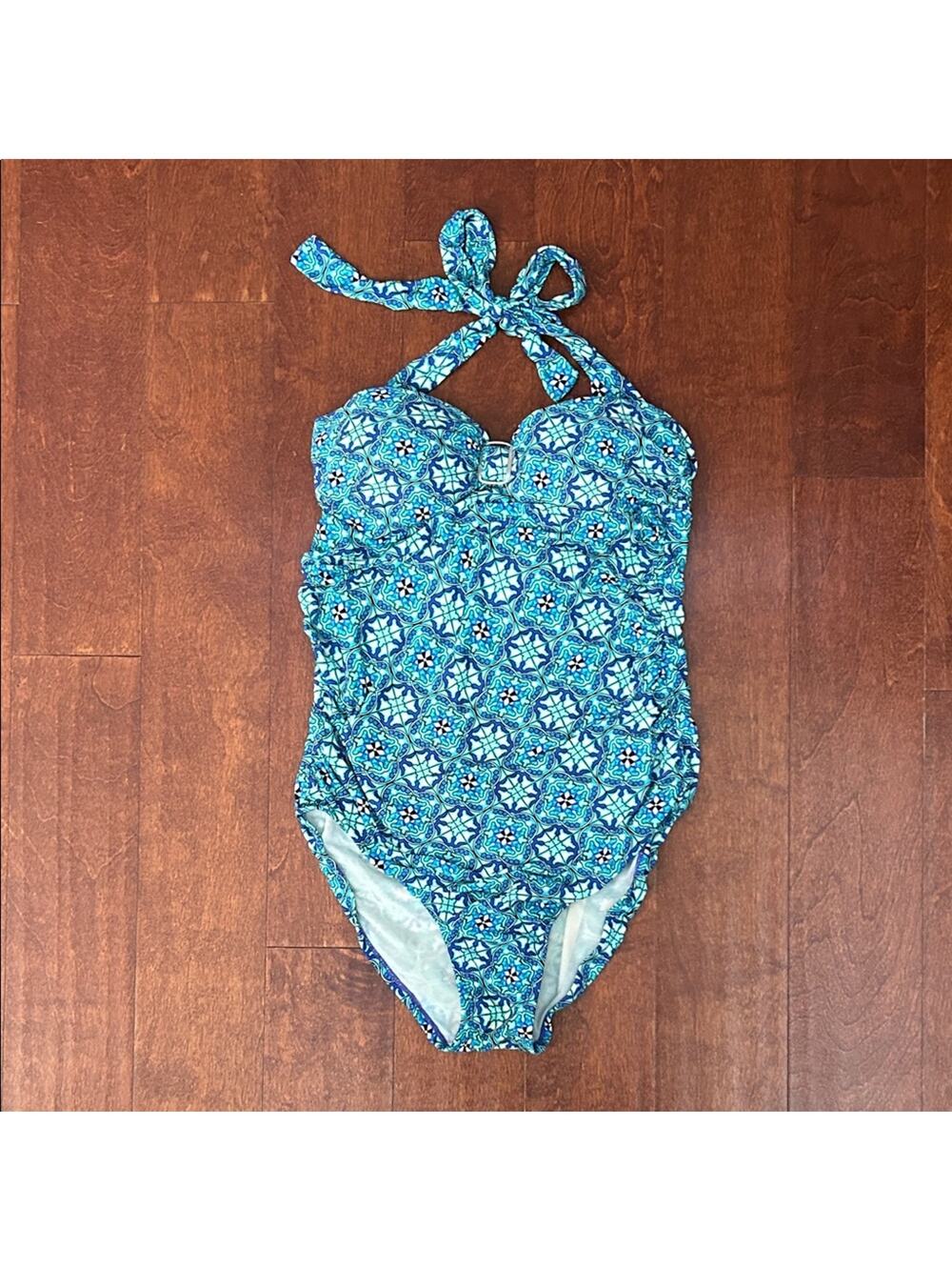 Assets by SPANX Blue and Aqua Mosaic Halter One-Piece Swimsuit, Size Large